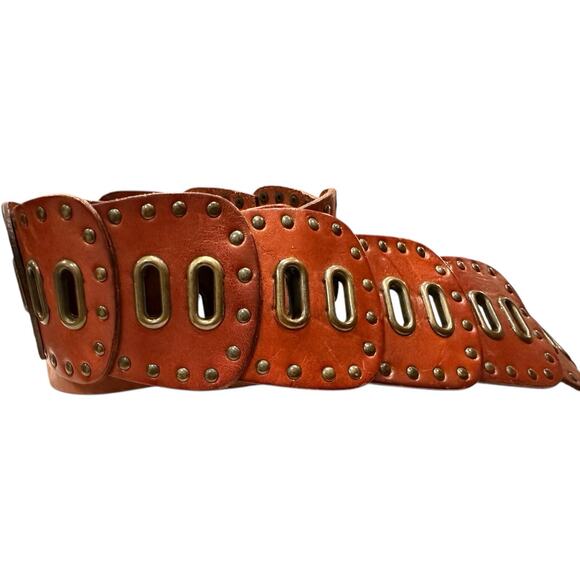 FOSSIL Brown Genuine Leather Boho Belt Cutouts Bronze Metal Studs Size M Women’s main image 4